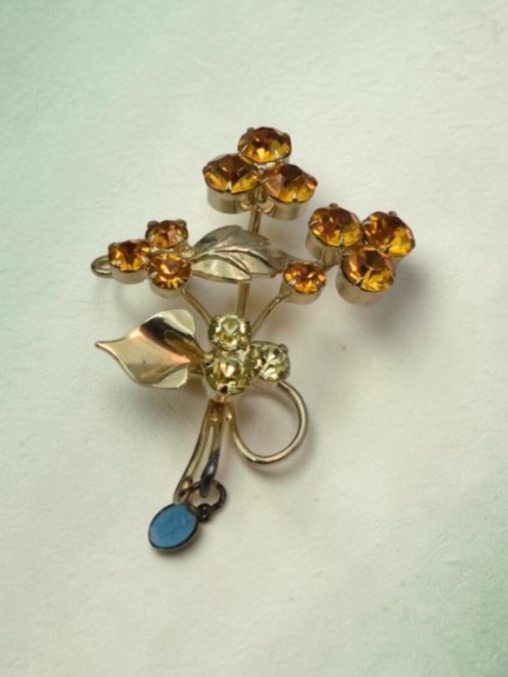 Vintage MCM Rhinestone Floral Brooch w/ Miraculous Medal Charm